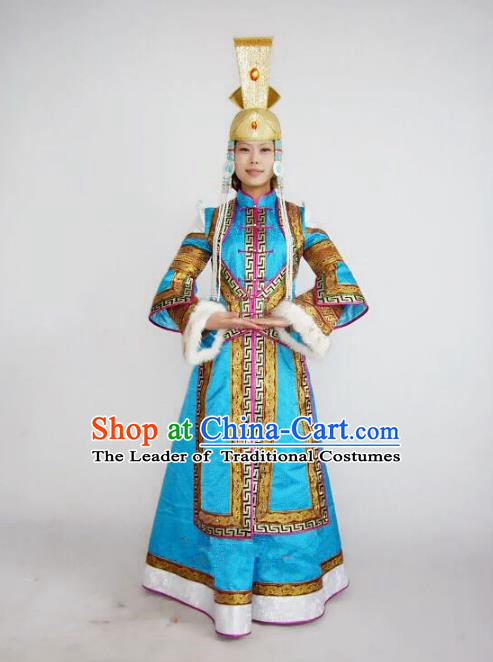 Traditional Chinese Mongol Nationality Dance Costume Handmade Wedding Bride Mongolian Robe, China Mongolian Minority Nationality Blue Dress Clothing for Women