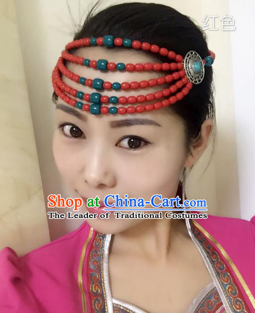 Traditional Handmade Chinese Mongol Nationality Handmade Red Beads Hair Accessories, China Mongols Mongolian Minority Nationality Wedding Headwear for Women