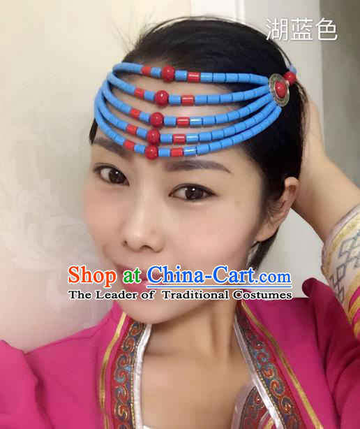 Traditional Handmade Chinese Mongol Nationality Handmade Blue Beads Hair Accessories, China Mongols Mongolian Minority Nationality Wedding Headwear for Women