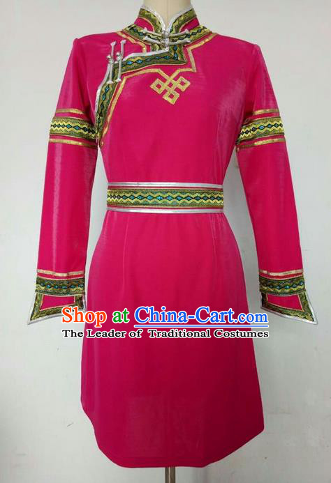 Traditional Chinese Mongol Nationality Dance Costume Handmade Rosy Mongolian Robe, China Mongolian Minority Nationality Princess Dress Clothing for Women