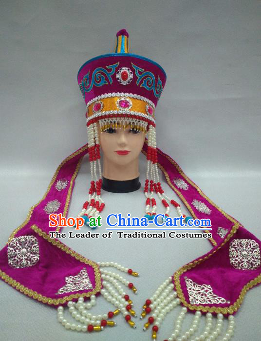 Traditional Handmade Chinese Mongol Nationality Handmade Hat Hair Accessories, China Mongols Mongolian Minority Nationality Wedding Headband Headwear for Women