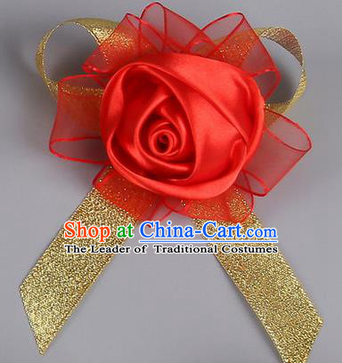 Top Grade Wedding Accessories Decoration Corsage, China Style Wedding Car Ornament Red Rose Flowers Bride Bridegroom Ribbon Brooch