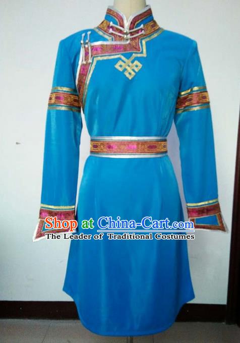 Traditional Chinese Mongol Nationality Dance Costume Handmade Blue Mongolian Robe, China Mongolian Minority Nationality Princess Dress Clothing for Women