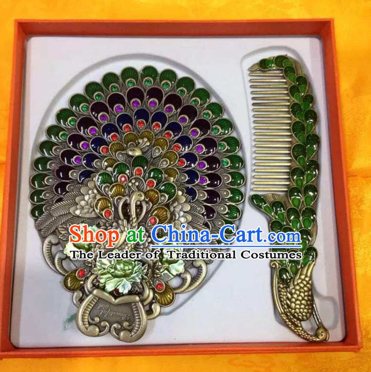 Traditional Handmade Chinese Mongol Nationality Crafts Green Hair Comb and Peacock Pocket Mirror, China Mongolian Minority Nationality Cloisonne Mirror for Women