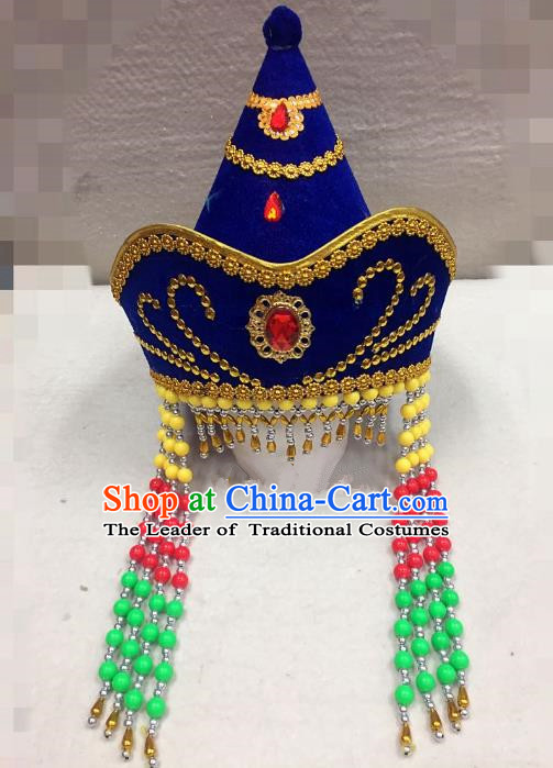 Traditional Handmade Chinese Mongol Nationality Dance Blue Headwear Bride Hat, China Mongols Mongolian Minority Nationality Princess Tassel Headpiece for Women