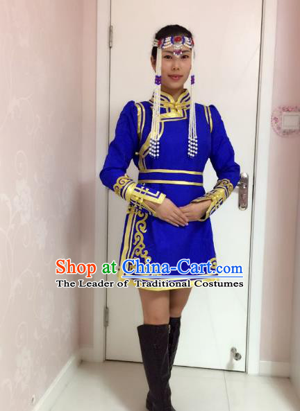 Traditional Chinese Mongol Nationality Dance Costume Handmade Embroidery Mongolian Robe, China Mongolian Minority Nationality Royalblue Dress for Women