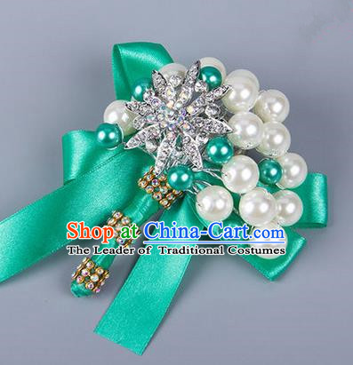 Top Grade Wedding Accessories Decoration Pearl Corsage, China Style Wedding Ornament Champagne Bride Bridegroom Green Ribbon Crystal Brooch