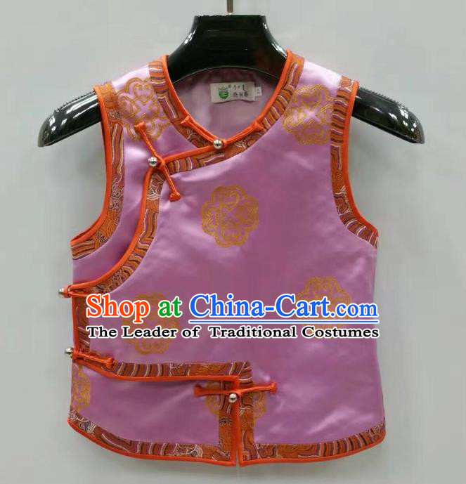 Traditional Chinese Mongol Nationality Dance Costume Handmade Mongolian Vest, China Mongolian Minority Nationality Pink Waistcoat for Kids