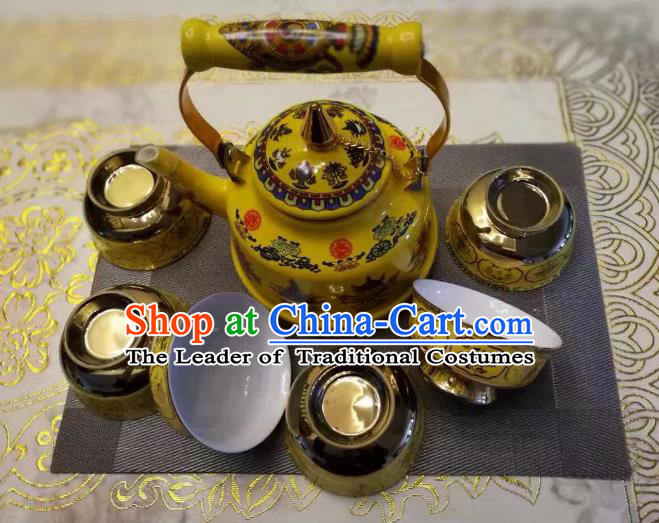 Traditional Handmade Chinese Mongol Nationality Crafts Tea Set, China Mongolian Minority Nationality Teaware Teapot and Teacup