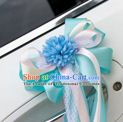 Top Grade Wedding Accessories Decoration, China Style Wedding Car Ornament Bowknot Flowers Bride Blue Silk Ribbon Garlands