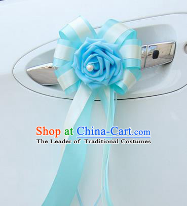 Top Grade Wedding Accessories Decoration, China Style Wedding Car Bowknot Blue Flowers Bride Long Ribbon Garlands Ornaments