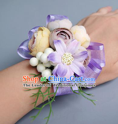 Top Grade Classical Wedding Lilac Silk Flowers, Bride Emulational Wrist Flowers Bridesmaid Bracelet Flowers for Women