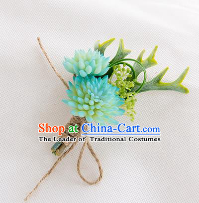 Top Grade Classical Wedding Succulents Flowers,Groom Emulational Corsage Groomsman Blue Brooch Flowers for Men