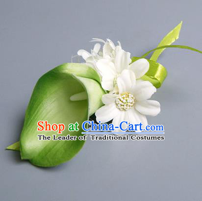 Top Grade Classical Wedding Green Silk Common Callalily Flowers,Groom Emulational Corsage Groomsman Brooch Flowers for Men