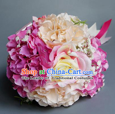 Top Grade Classical Wedding Silk Flowers, Bride Holding Emulational Pink Flowers, Hand Tied Bouquet Flowers for Women