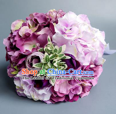 Top Grade Classical Wedding Silk Flowers, Bride Holding Emulational Purple Flowers, Hand Tied Bouquet Flowers for Women