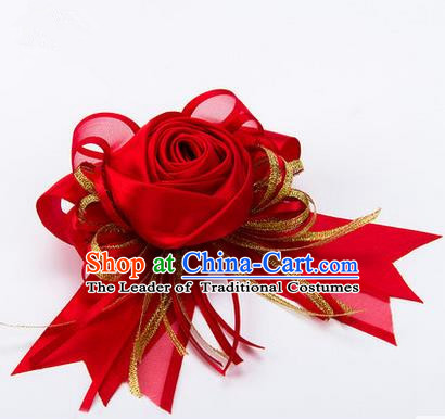 Top Grade Classical Wedding Red Silk Rose Flowers, Bride Emulational Corsage Bridesmaid Bowknot Ribbon Brooch Flowers for Women