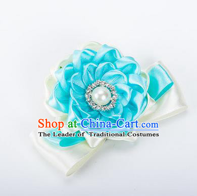 Top Grade Classical Wedding Blue Ribbon Silk Bangle Flowers, Bride Emulational Wrist Flowers Bridesmaid Bracelet Pearl Flowers for Women