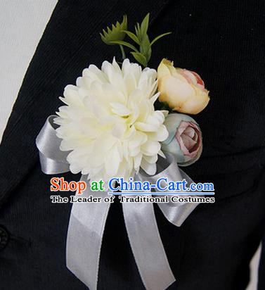 Top Grade Classical Wedding Silk Flowers,Groom Emulational Corsage Groomsman White Ribbon Brooch Flowers for Men