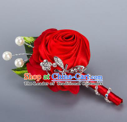 Top Grade Classical Wedding Crystal Silk Flowers,Groom Emulational Corsage Groomsman Red Ribbon Pearl Brooch Flowers for Men