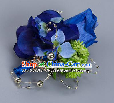 Top Grade Classical Wedding Blue Silk Flowers Brooch,Groom Emulational Corsage Groomsman Brooch Flowers for Men