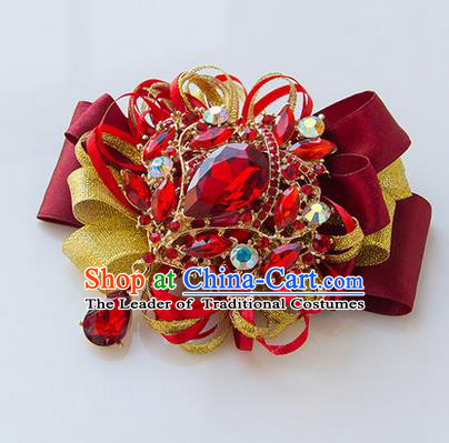 Top Grade Classical Wedding Red Ribbon Corsage Brooch, Bride Emulational Corsage Bridemaid Crystal Brooch Flowers for Women