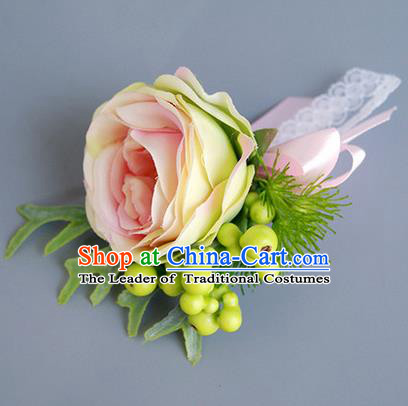 Top Grade Classical Wedding Champagne Rose Corsage Brooch, Bride Emulational Corsage Bridemaid Brooch Flowers for Women