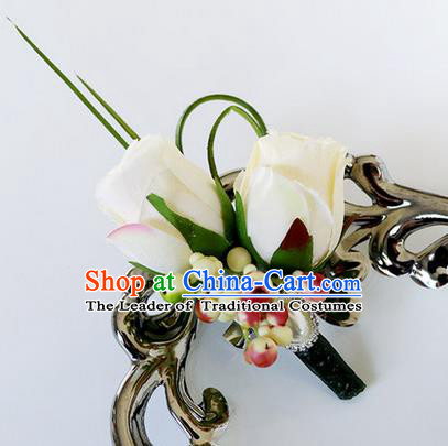 Top Grade Classical Wedding Beige Roses Corsage Brooch, Groom Emulational Corsage Groomsman Brooch Flowers for Men