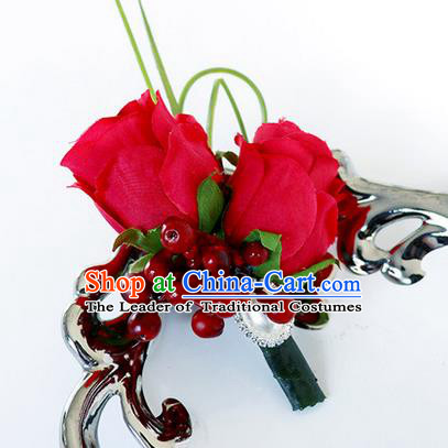 Top Grade Classical Wedding Red Rose Corsage Brooch, Groom Emulational Corsage Groomsman Brooch Flowers for Men