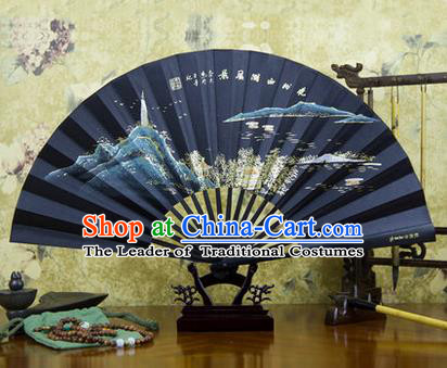 Traditional Chinese Crafts Ebonize Folding Fan, China Sensu Landscape Painting Calligraphy Silk Fan Hanfu Fans for Men