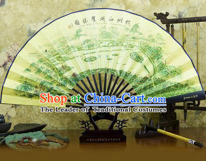 Traditional Chinese Crafts Ebonize Folding Fan, China Sensu Ink Painting Hangzhou Scenery Silk Fan Hanfu Fans for Men