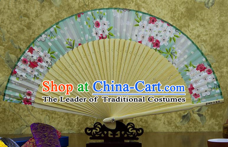 Traditional Chinese Handmade Crafts Green Folding Fan, China Sensu Printing Flowers Silk Fan Hanfu Fans for Women