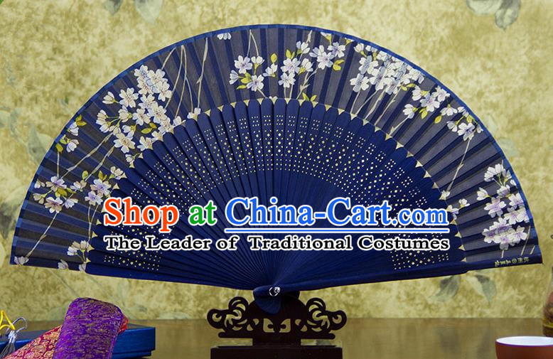 Traditional Chinese Handmade Crafts Blue Folding Fan, China Sensu Printing Flowers Silk Fan Hanfu Fans for Women