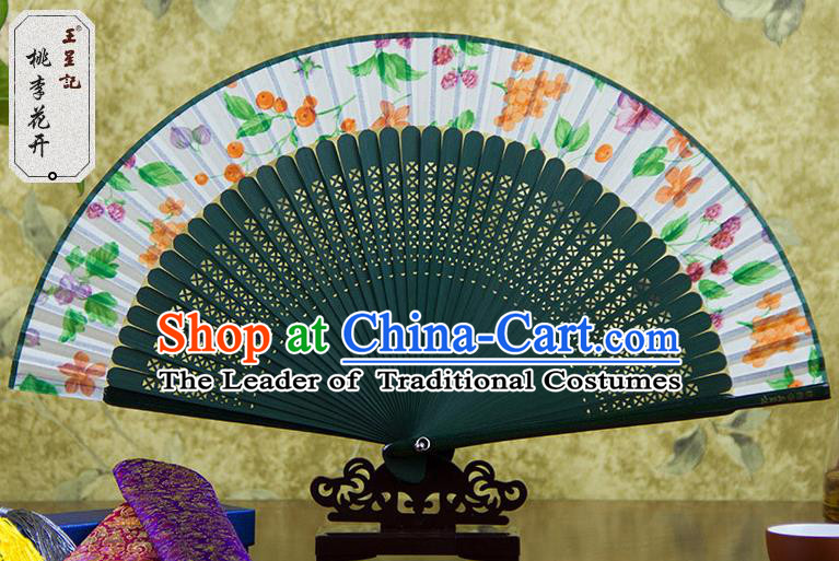 Traditional Chinese Handmade Crafts Green Folding Fan, China Sensu Printing Plum Flowers Silk Fan Hanfu Fans for Women