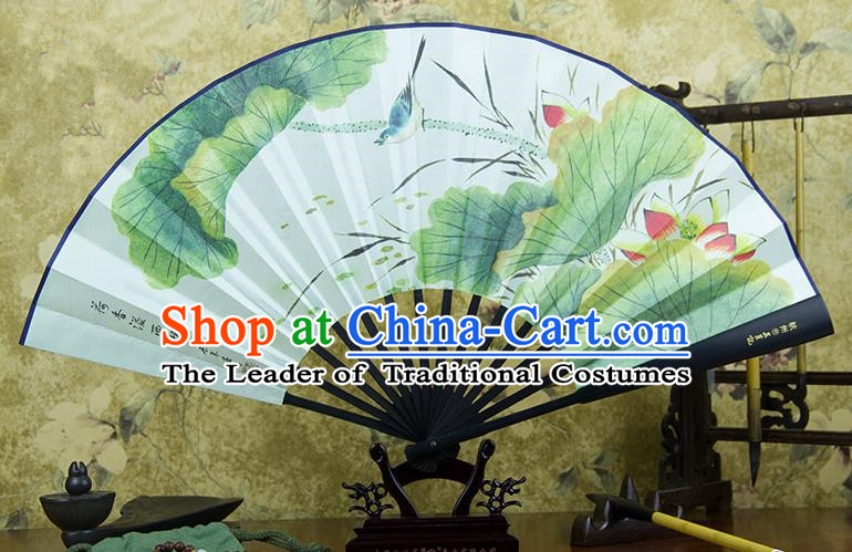 Traditional Chinese Handmade Crafts Ebonize Folding Fan, China Sensu Painting Lotus Silk Fan Hanfu Fans for Men