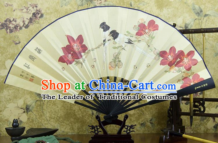 Traditional Chinese Handmade Crafts Ebonize Folding Fan, China Sensu Painting Magpie Wintersweet Silk Fan Hanfu Fans for Men