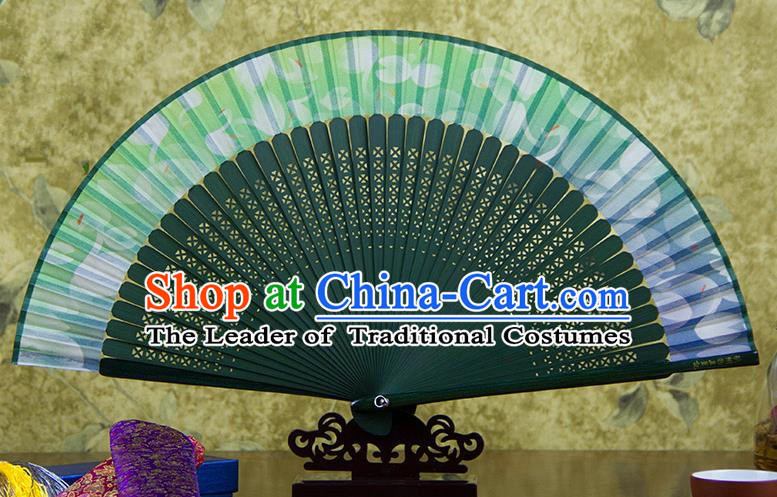 Traditional Chinese Handmade Crafts Folding Fan, China Green Printing Flowers Sensu Black Silk Fan Hanfu Fans for Women