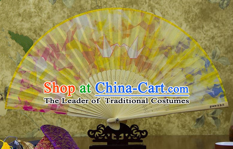 Traditional Chinese Handmade Crafts Folding Fan, China Printing Paper Crane Sensu Yellow Silk Fan Hanfu Fans for Women