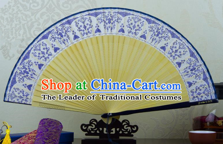 Traditional Chinese Handmade Crafts Folding Fan, China Printing Blue and White Porcelain Sensu Silk Fan Hanfu Fans for Women