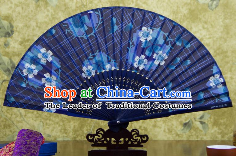 Traditional Chinese Handmade Crafts Folding Fan, China Printing Flowers Sensu Blue Silk Fan Hanfu Fans for Women