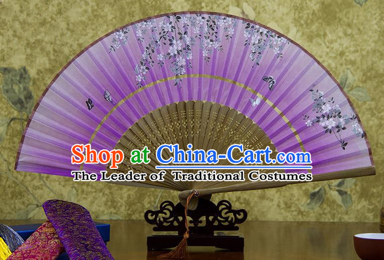 Traditional Chinese Handmade Crafts Two-segment Folding Fan, China Printing Flowers Sensu Lilac Silk Fan Hanfu Fans for Women