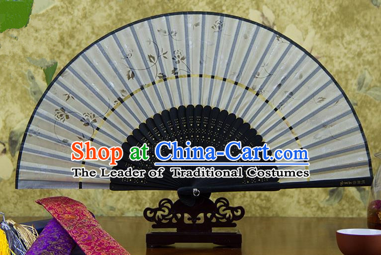 Traditional Chinese Handmade Crafts Two-segment Folding Fan, China Printing Flowers Sensu Grey Silk Fan Hanfu Fans for Women