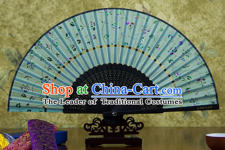 Traditional Chinese Handmade Crafts Two-segment Folding Fan, China Printing Rose Flowers Sensu Light Blue Silk Fan Hanfu Fans for Women