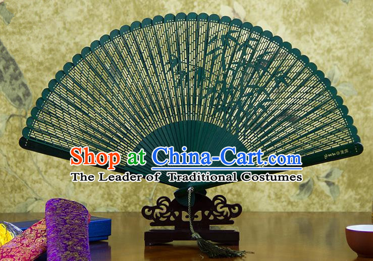 Traditional Chinese Handmade Crafts Bamboo Carving Folding Fan, China Classical Printing Bamboo Sensu Hollow Out Wood Green Fan Hanfu Fans for Women