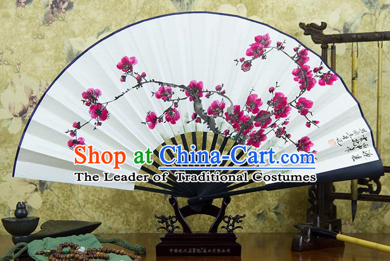 Traditional Chinese Handmade Crafts Ebonize Folding Fan, China Classical Art Paper Sensu Ink Painting Plum Blossom Xuan Paper Purple Fan Hanfu Fans for Men