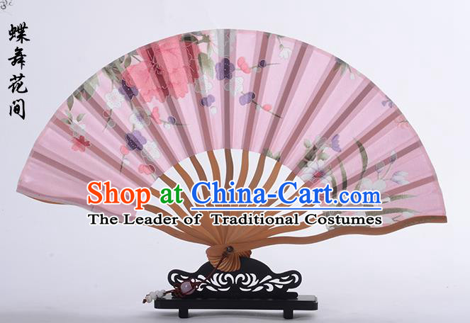 Traditional Chinese Handmade Crafts Folding Fan, China Printing Flower Sensu Pink Silk Fan Hanfu Fans for Women