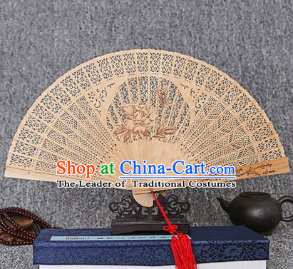 Traditional Chinese Handmade Crafts Sandalwood Folding Fan, China Classical Butterfly Flower Sensu Hollow Out Wood Fan Hanfu Fans for Women