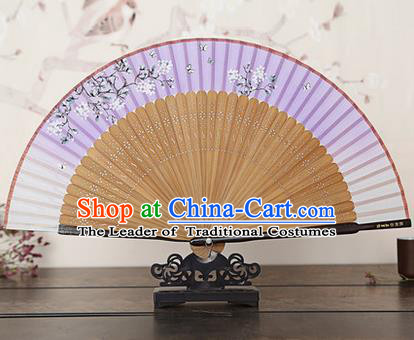 Traditional Chinese Handmade Crafts Bamboo Rib Folding Fan, China Classical Printing Peach Flowers Sensu Gradient Purple Silk Fan Hanfu Fans for Women