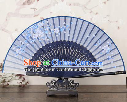 Traditional Chinese Handmade Crafts Bamboo Rib Folding Fan, China Classical Printing Peach Flowers Sensu Blue Silk Fan Hanfu Fans for Women