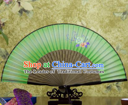 Traditional Chinese Handmade Crafts Bamboo Rib Folding Fan, China Classical Printing Flowers Sensu Green Silk Fan Hanfu Fans for Women